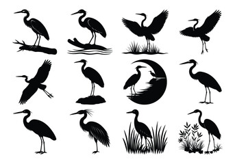 Silhouette Set of Herons in Wetland Nature Scenes – Vector Illustration Collection on white background

