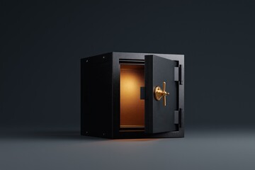 Open black safe with golden interior on dark background