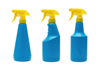 Isolated Trio of Blue Spray Bottles with Yellow Nozzles