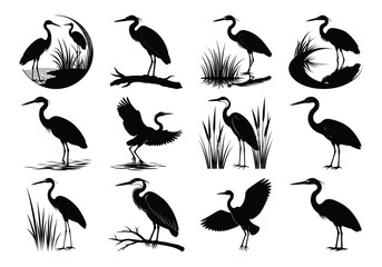 Heron Bird Silhouettes Vector Collection – Elegant Wading and Flying Birds in Natural Poses and Scenes on white background