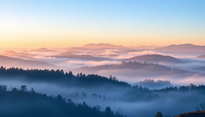 Fototapeta premium Misty mountain landscape at dawn, layered hills & trees Vector illustration, serene, layered