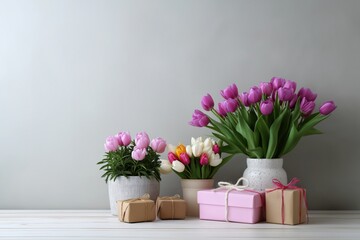 Beautiful tulips and gift boxes arrangement on wooden surface