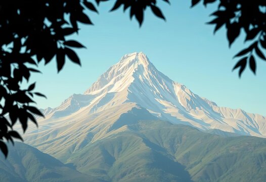 Misty mountain peak with dark leaf shadows, flat vector style, color, outdoor