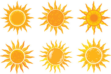 Six unique sun designs perfect for branding logos icons and summer themes offering scalable graphic elements for various projects
