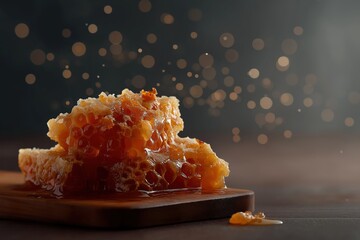 Close-up of honeycomb with golden honey dripping on wooden board