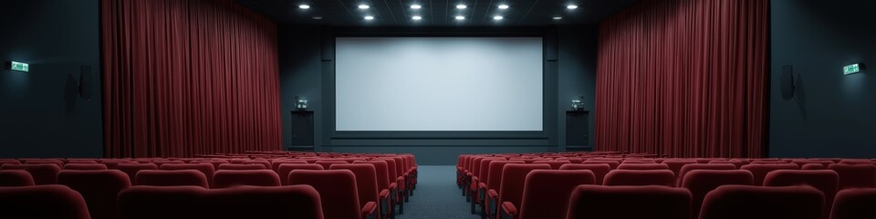 Empty red theater seats facing large screen in modern cinema hall