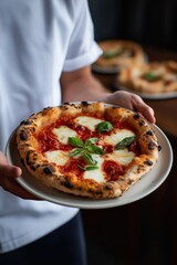 Male chef holding freshly baked neapolitan pizza with basil in restaurant