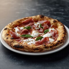 Delicious prosciutto pizza with basil and mozzarella on rustic plate