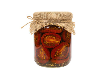 Isolated Jar of Sun Dried Tomatoes with Burlap