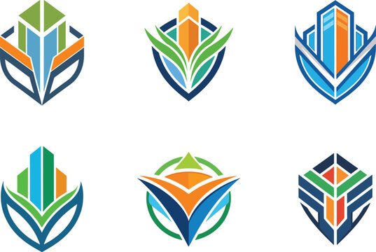 Modern building logo designs showcasing urban growth and eco-friendly concepts ideal for real estate branding and corporate identity
