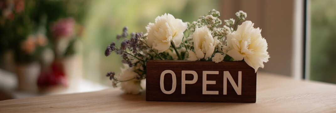 Floral open sign on wooden surface with white flowers in soft focus natural light