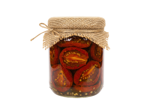 Isolated Jar of Sun Dried Tomatoes with Burlap