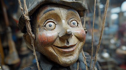Close up of a wooden marionette with tangled strings 
