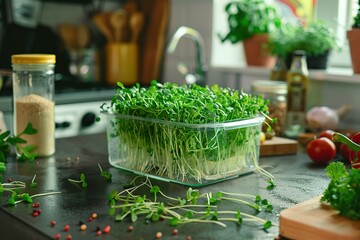 healthy green microgreens in clear glass container, surrounded by cooking essentials, highlighting eco friendly eating and contemporary food styling