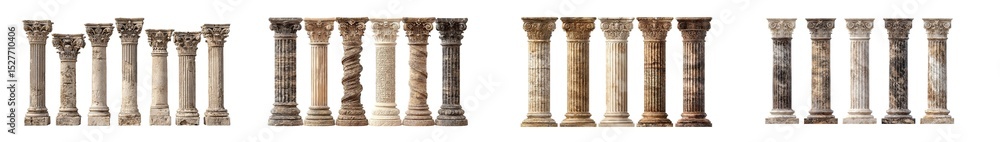 Poster set of row of decorative columns in various styles. isolated on transparent background