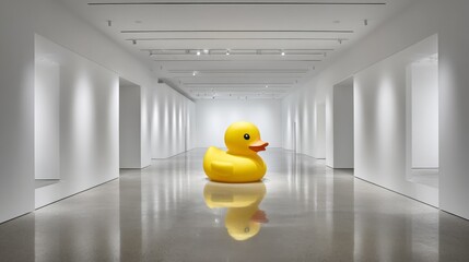 A big yellow duck doll sits quietly in the center of a clean white gallery space, creating a playful contrast in a minimalist art setting.  