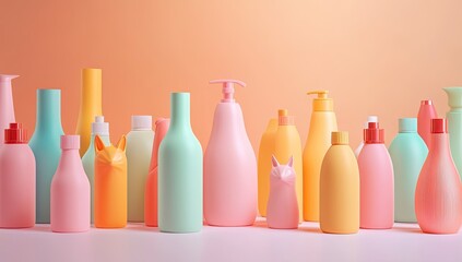Colorful plastic bottles and dispensers in pastel shades