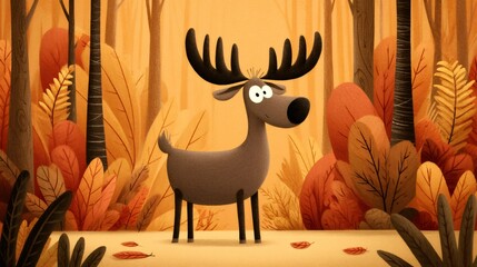 Cartoon moose standing in the middle of an autumn forest with orange leaves and trees, enjoying the beautiful fall foliage