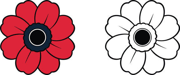 A vibrant red poppy alongside a detailed black and white outline drawing of a similar flower