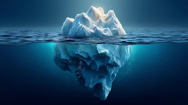 Iceberg Amidst the Azure: A pristine iceberg gracefully floats in the vast ocean, presenting a striking contrast with the deep blue hues of the sea, showcasing nature's raw beauty.