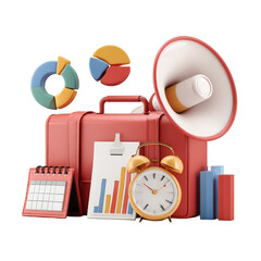 A suitcase with a megaphone, pie charts, a calendar, a clock, and a graph on a black background isolated white background
