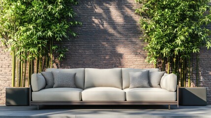 Modern outdoor living space with comfortable sofa and bamboo plants decor