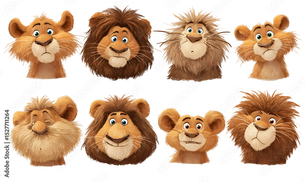Poster collection of cartoon lion heads with various expressions. isolated on transparent background