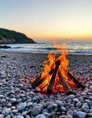 Fototapeta premium Beach campfire gathering at sunset coastal landscape outdoor photography serene atmosphere