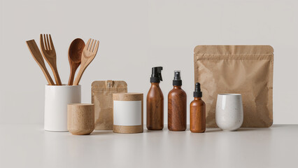 Naklejka premium Light Bleached Wood Kitchenware with Eco-Friendly Arrangement in Flat Lay