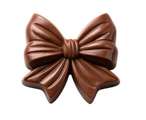 A close up of a shiny chocolate bow on a black background perfect for a sweet treat or gift idea isolated white background