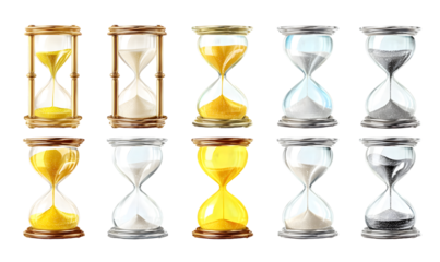 Collection of antique hourglass designs in various colors. isolated on transparent background