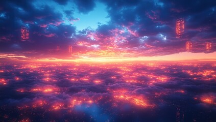 Naklejka premium City nestled amongst clouds at sunset