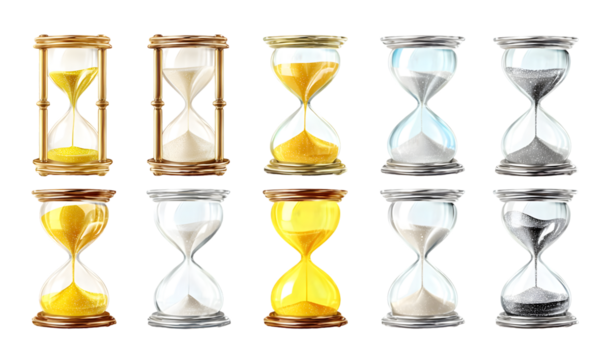 Collection of antique hourglass designs in various colors. isolated on transparent background