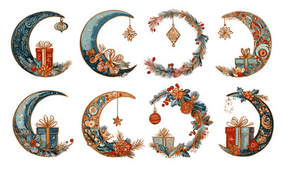 Naklejka premium set of Decorative crescent moons with holiday embellishments. isolated on transparent background