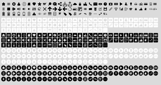 Pacote de &Iacute;cones Minimalistas - Interface, Tecnologia, M&iacute;dia, Web, Navega&ccedil;&atilde;o e Comunica&ccedil;&atilde;o UI UX, Conjunto de &iacute;cones vetoriais minimalistas em preto e branco, ideais para interfaces.