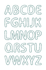 Hand-drawn vector alphabet imitating ballpoint pen style. Sketchy and playful uppercase letters with double-line outlines.