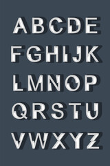 3D vector alphabet with overlapping shadows and abstract geometry. Minimalist grayscale design with creative letterforms.