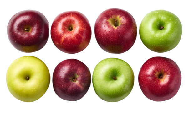 Top view of various apple isolated on transparent background
