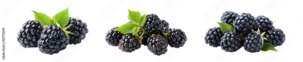 Aufkleber fresh blackberries with leaves arranged in a horizontal row. isolated on transparent background