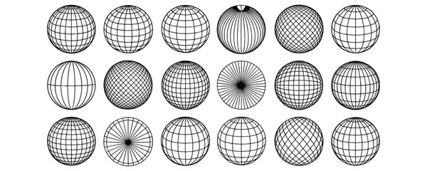 Vector globe wireframe set, 3D sphere mesh collection, abstract spherical grid pattern, technology globe outline shapes, design elements