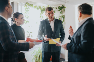 A team of professionals engaged in a discussion in a modern office. The group conveys collaboration...