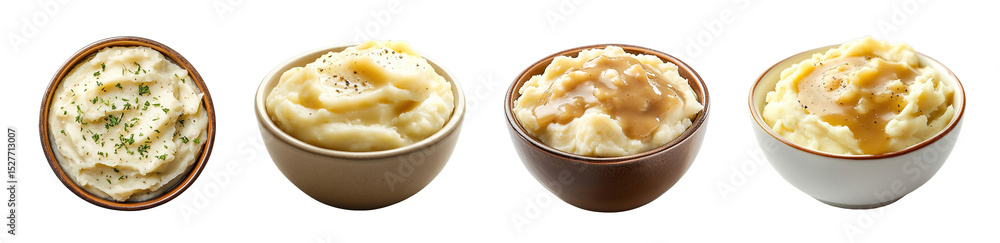 Poster creamy mashed potatoes in various serving styles. isolated on transparent background