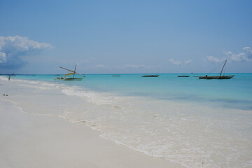 Exotic view from jambiani beach at Indian Ocean in African Zanzibar island in Tanzania