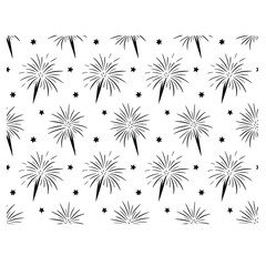 a black and white repeating pattern featuring silhouettes of bursting fireworks and scattered stars in varying sizes and orientations
