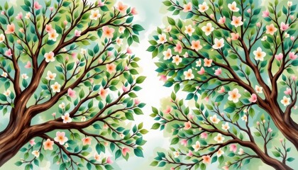 Obraz premium Two majestic flowering trees against a vibrant blue sky, breathtaking spring scene