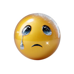 A glossy yellow emoji with tears and glitter accents against a plain black background in a studio shot isolated white background