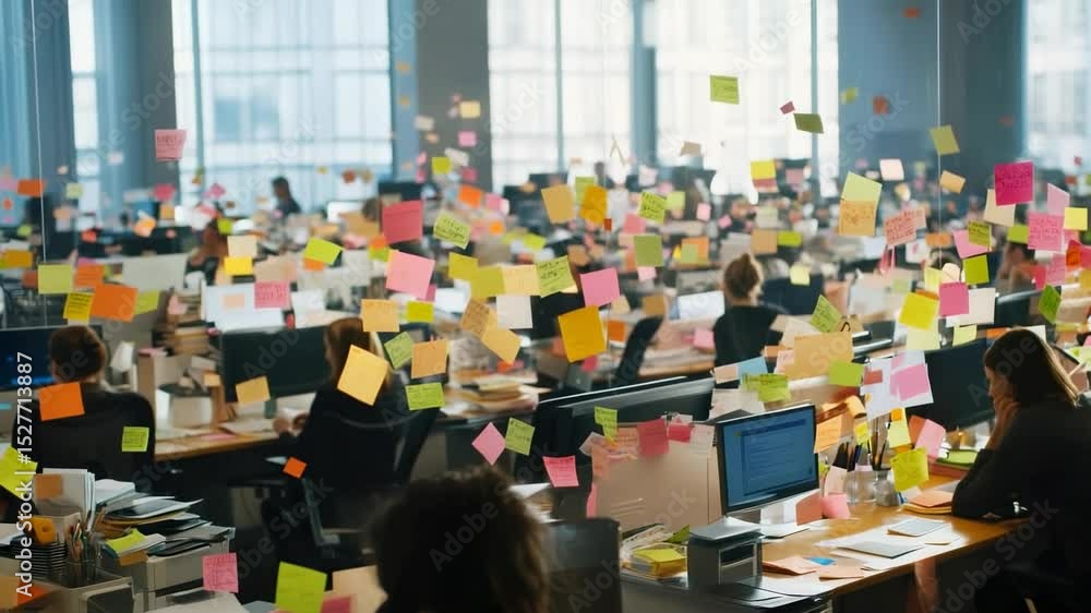 Poster many colorful sticky notes are stuck on a glass wall in a modern open space office, creating a vibra