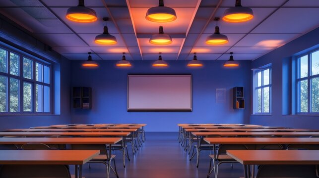 Digital smart board with classroom lighting and blank desks