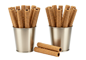 Isolated Two Silver Buckets Filled with Chocolate Wafer Rolls