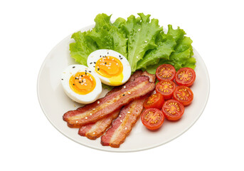 Isolated Plate of Bacon, Eggs, Lettuce and Cherry Tomatoes